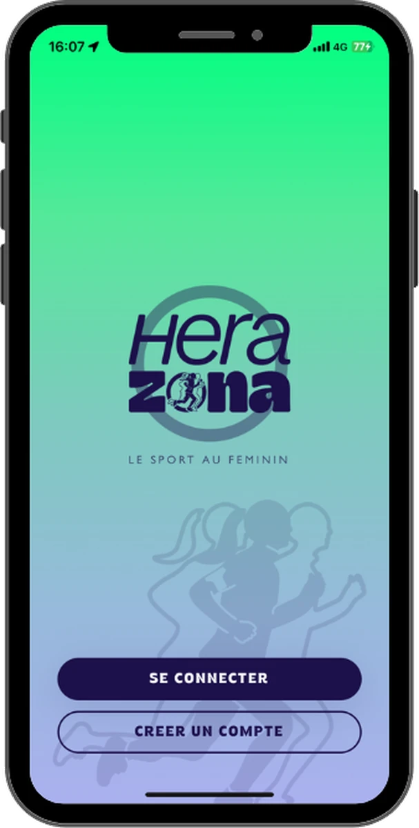 Écran d'accueil de l'application HeraZona, avec les boutons se connecter et créer un compte.