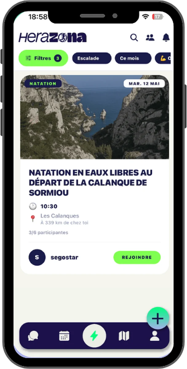 Fil des sessions HeraZona, avec une session de natation, son horaire, son lieu et le nombre de participantes.