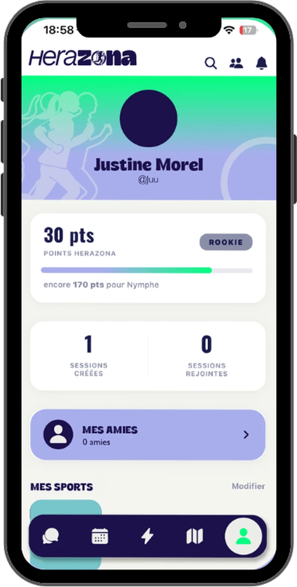 Profil d'une utilisatrice affichant ses points HeraZona, son palier et ses statistiques de sessions.